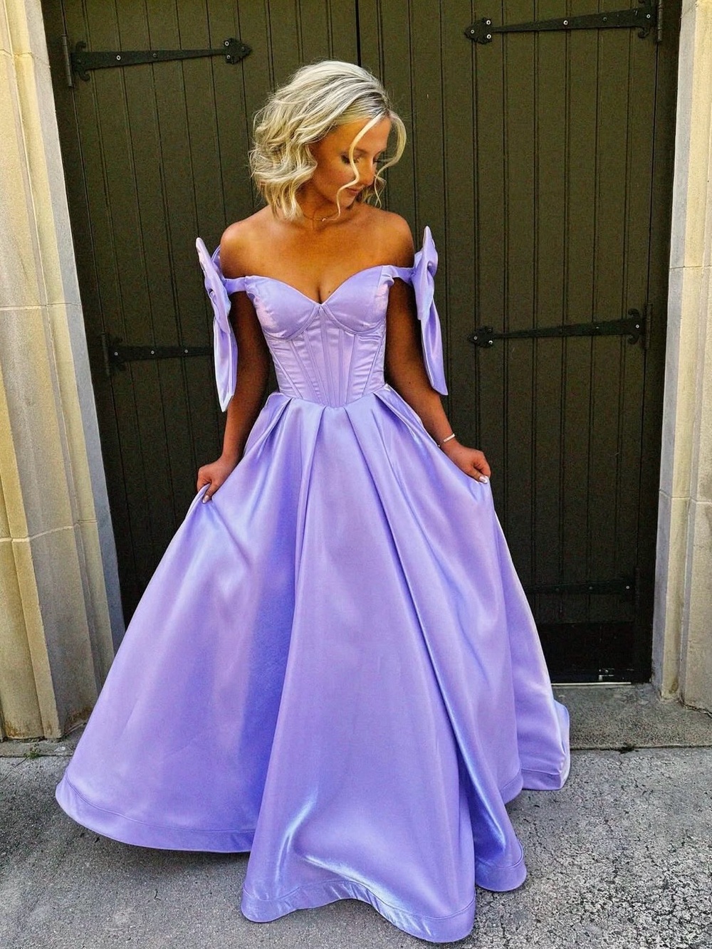 Lavender Off-Shoulder Prom Gown with Structured Corset